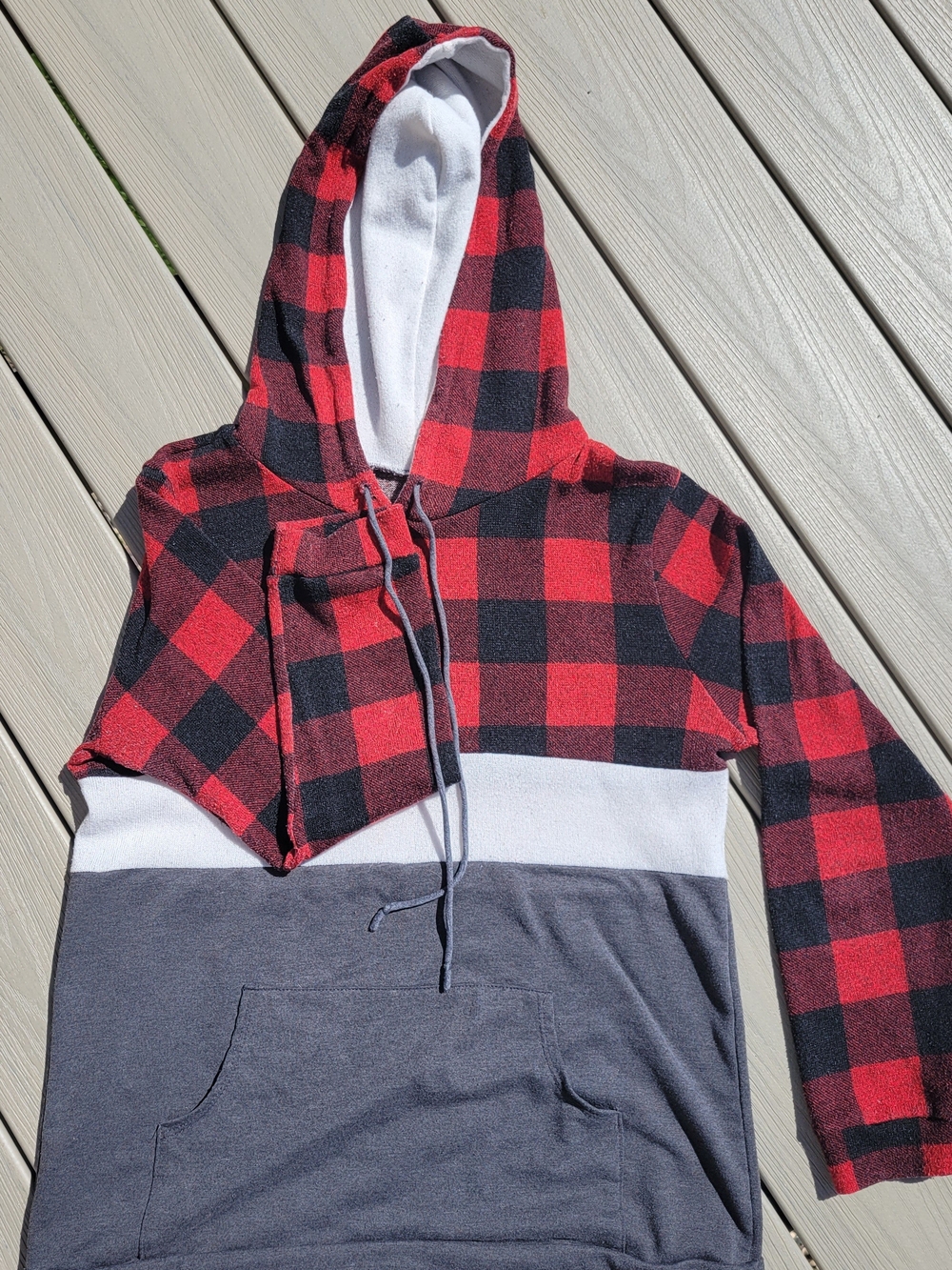Maurices Red & Black Buffalo Plaid Zip Hoodie with White and Gray Panels